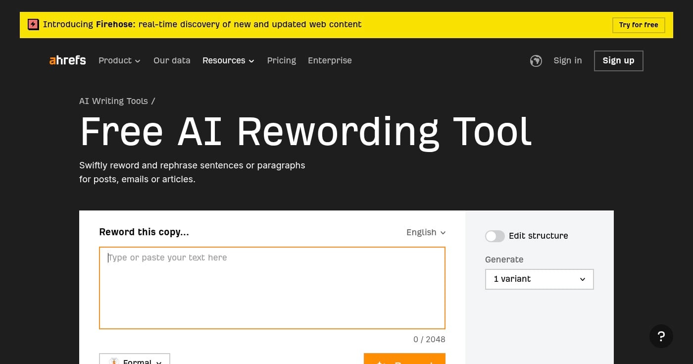 Ahrefs free rewording tool