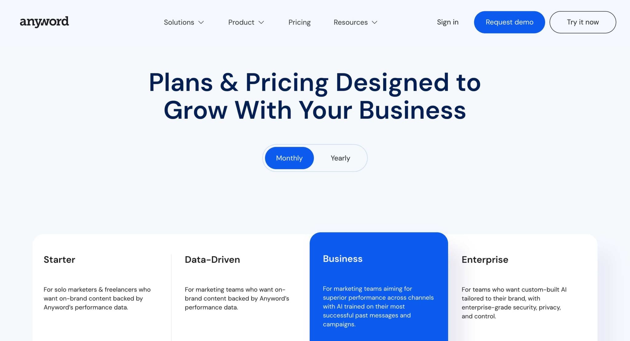Anyword pricing page displaying Starter, Data-Driven, Business, and Enterprise plans with feature comparisons