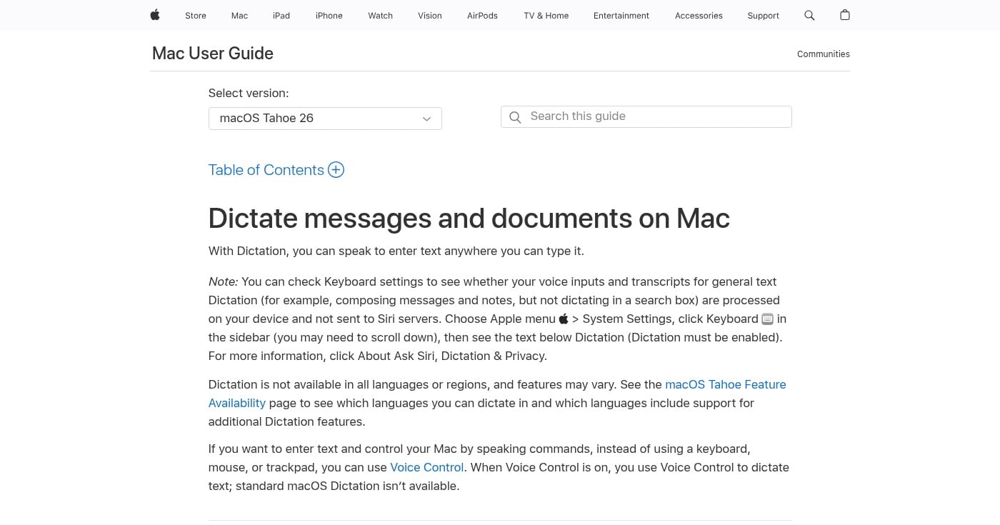 Apple Dictation settings on macOS