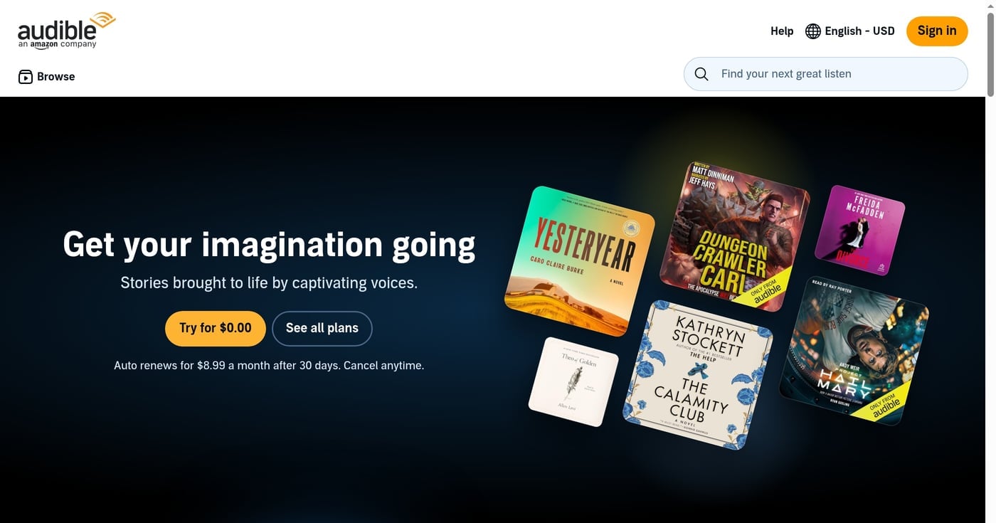 Audible Premium Plus homepage