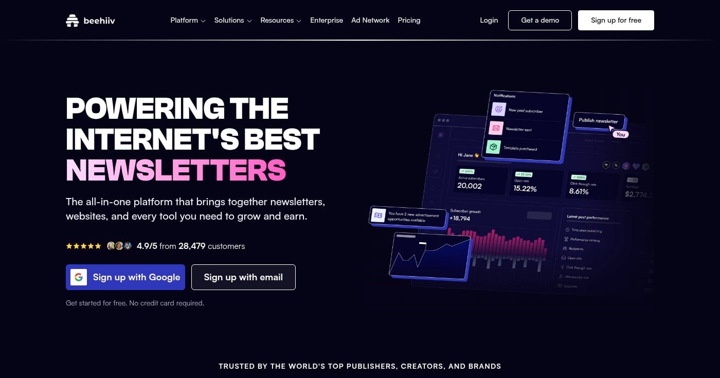 beehiiv platform dashboard showing newsletter analytics and subscriber growth metrics