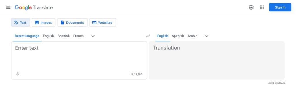 Google Translate homepage, February 2025