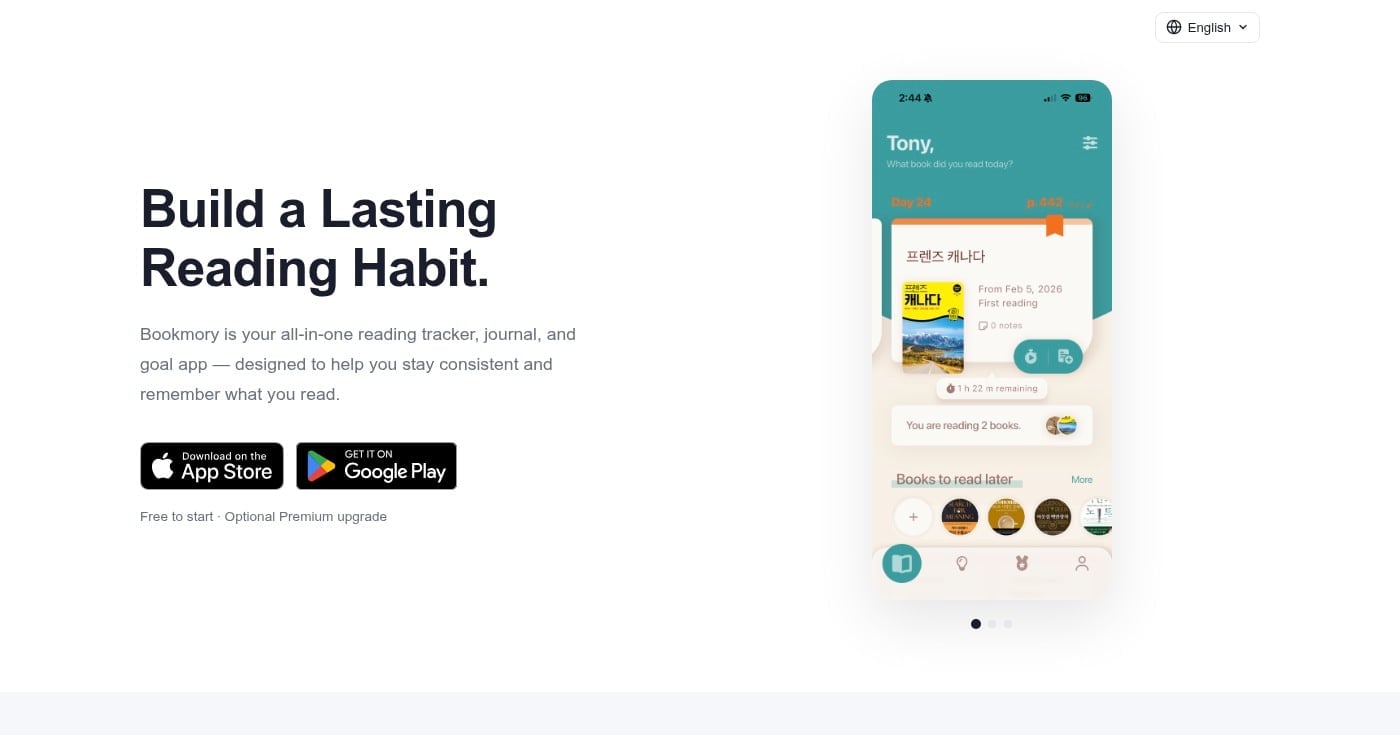 Bookmory reading stats app