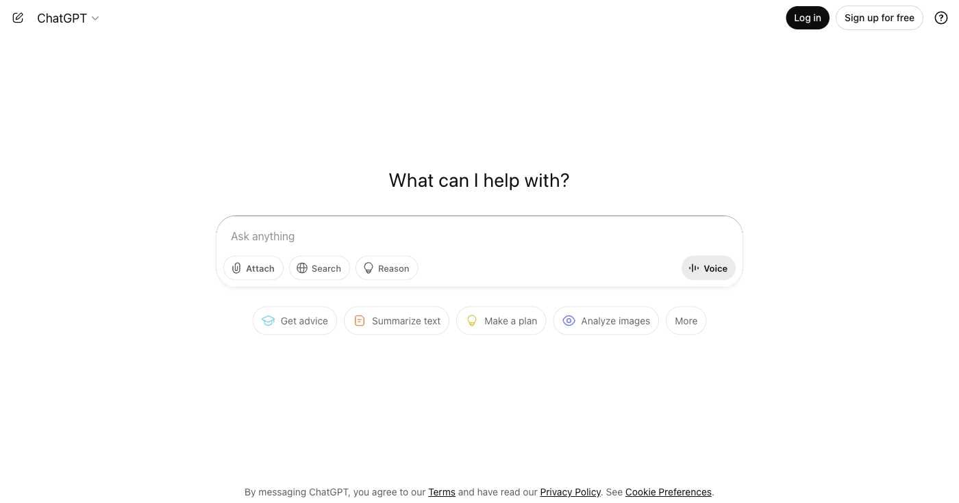 ChatGPT 4o interface showing the homepage with conversation examples and feature highlights
