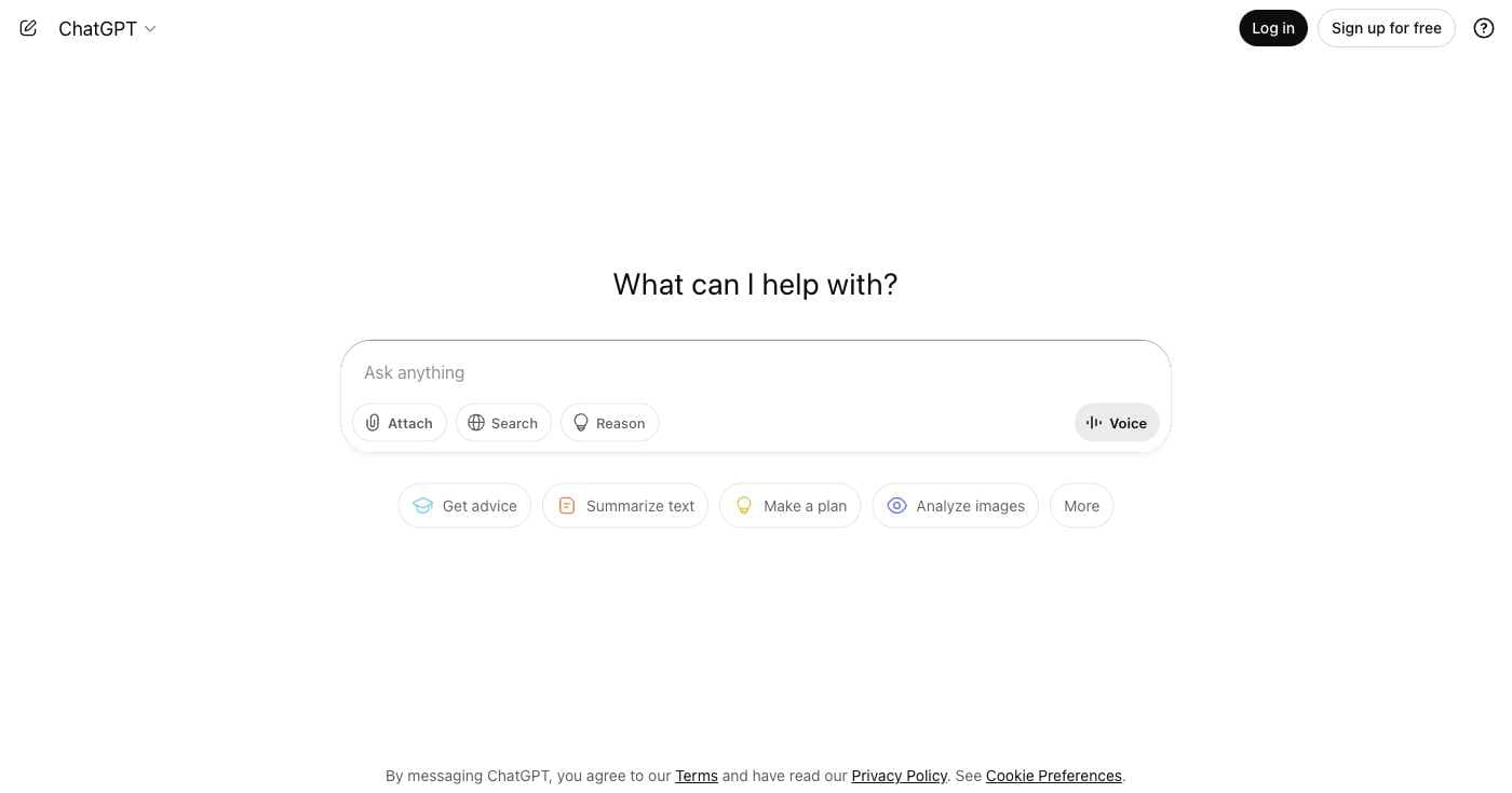 ChatGPT 4o interface showing the homepage with conversation examples and feature highlights