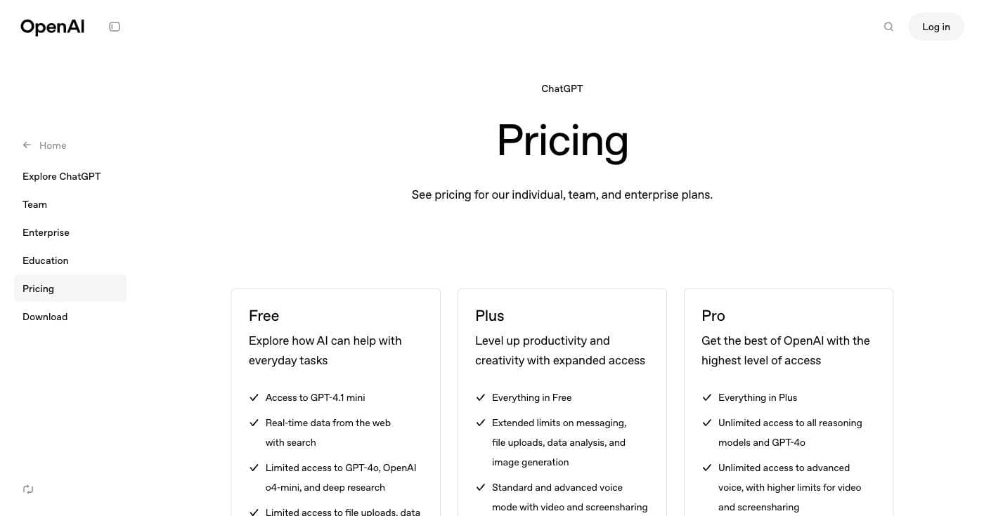 ChatGPT pricing plans showing Free, Plus, and Team options with detailed feature comparisons