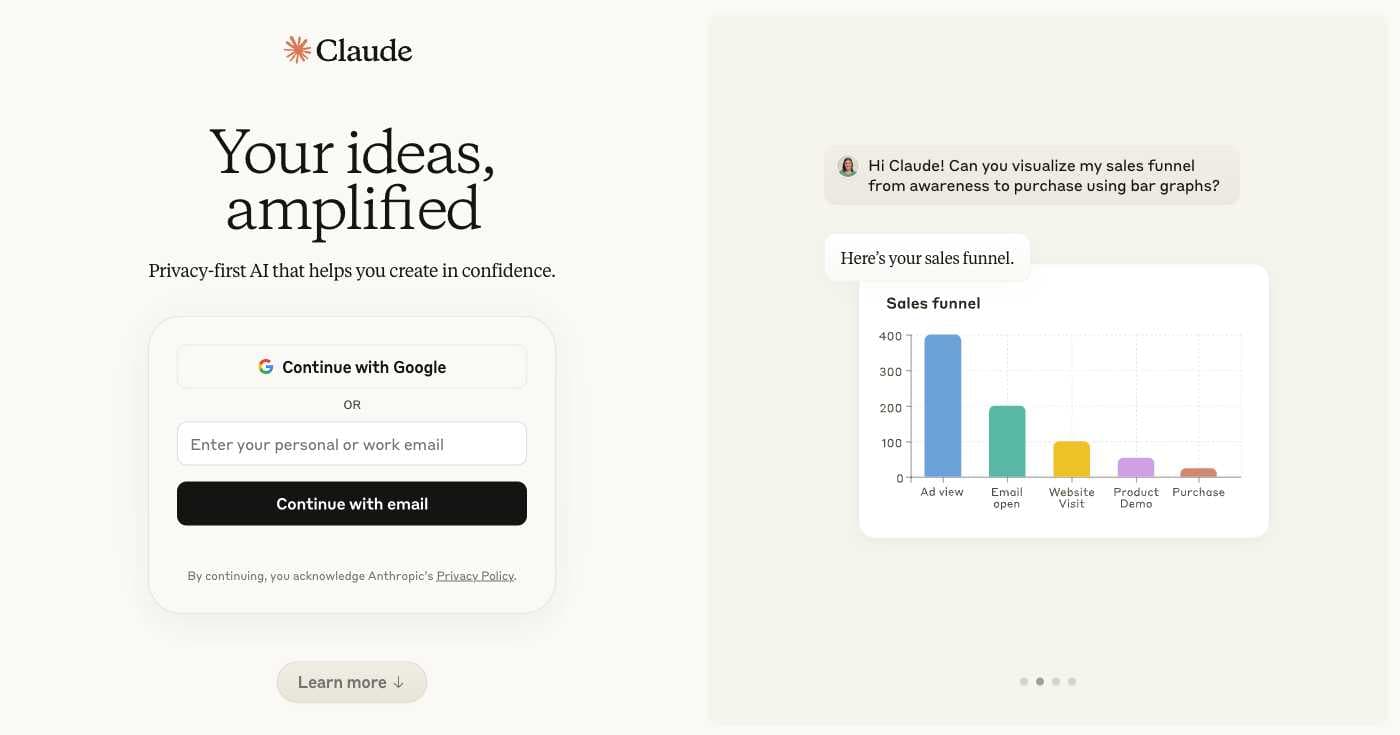 Claude AI homepage showing pricing plans and features including Free, Pro, and Max tiers