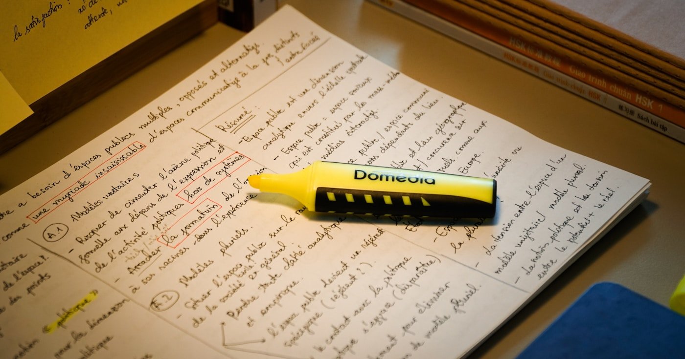 Handwritten notes with yellow highlighter — comma splice grammar guide