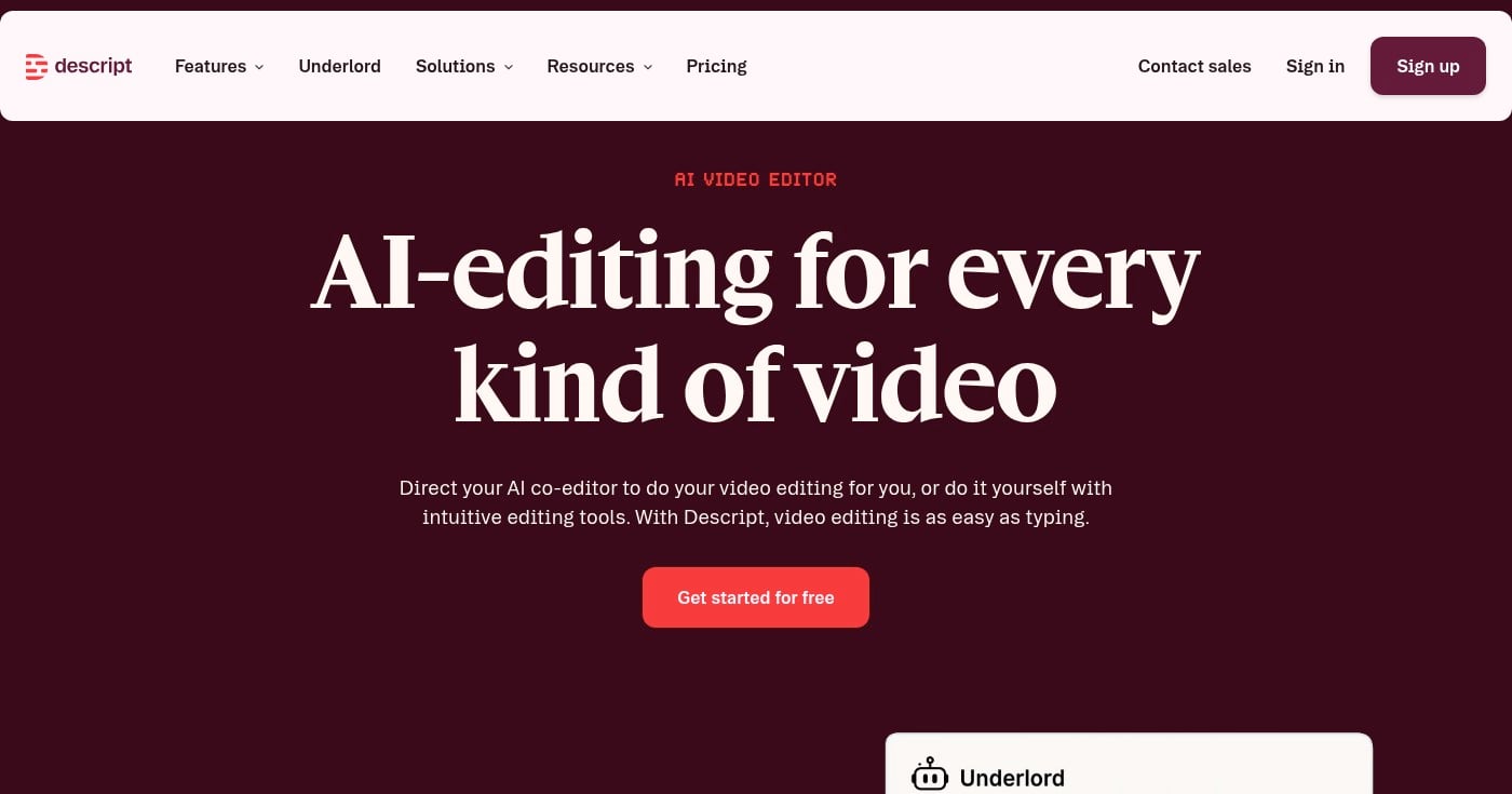 Descript AI video and audio editor homepage