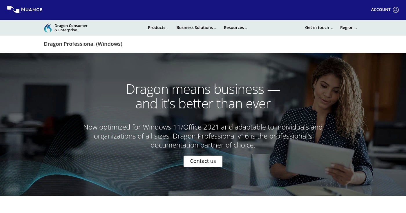 Dragon Professional dictation software homepage