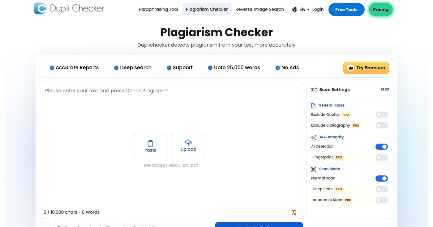 DupliChecker plagiarism checker homepage