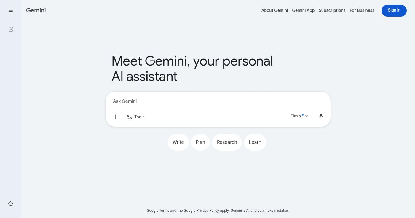 Gemini Advanced AI text generator homepage