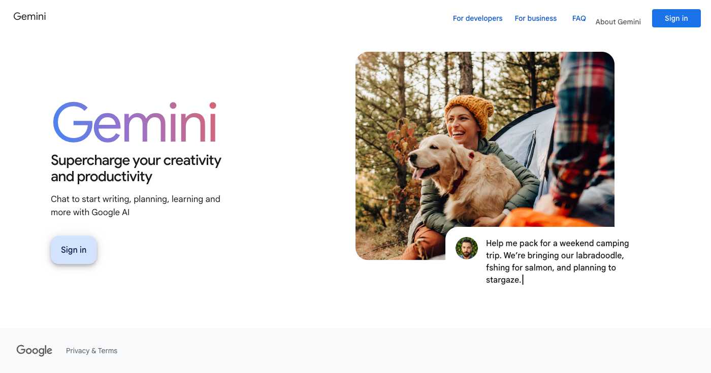Google Gemini homepage interface with clean design and AI chat capabilities