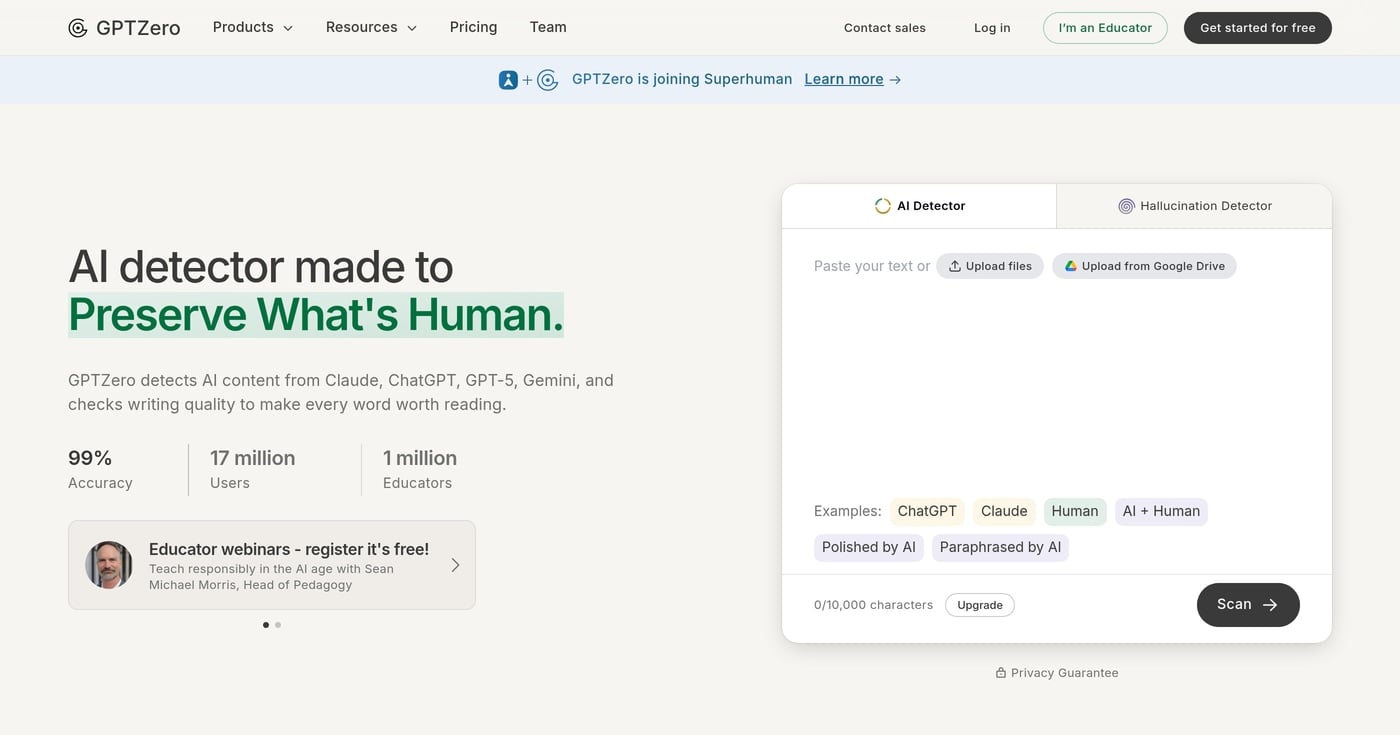 GPTZero AI detector homepage
