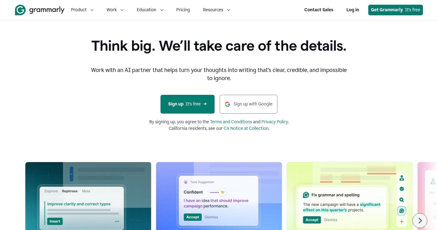 Grammarly AI writing assistant homepage