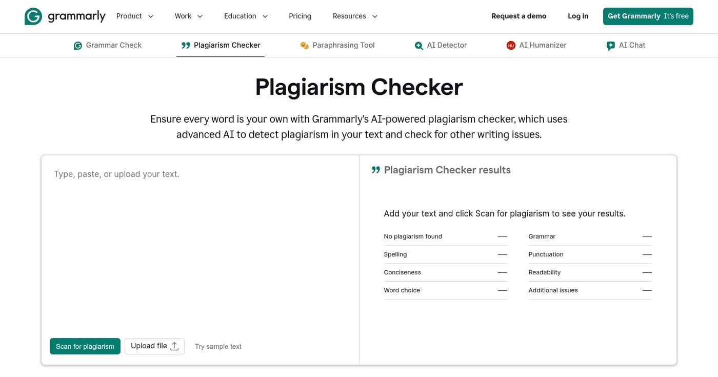 Grammarly plagiarism checker homepage