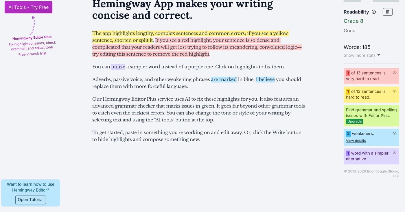 Hemingway Editor interface showing readability analysis with colored sentence highlights and grade-level stats