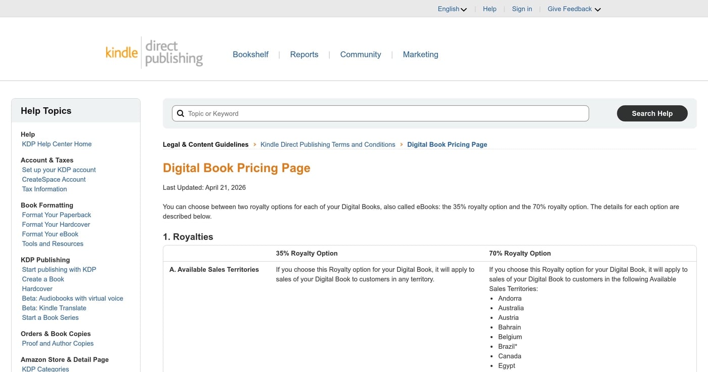 KDP royalties help page showing the 35% and 70% royalty tier options