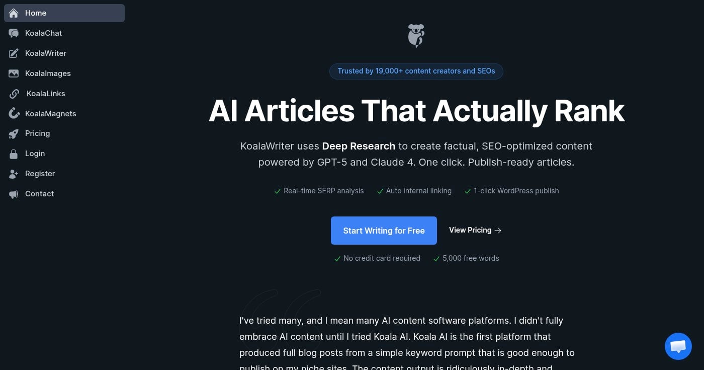 Koala AI text generator homepage