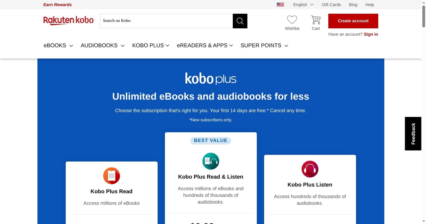 Kobo Plus Listen pricing page