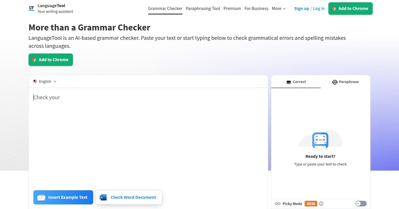 Screenshot of LanguageTool homepage