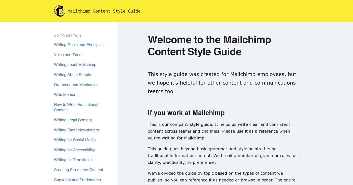 Mailchimp Content Style Guide, open-sourced under CC BY-NC 4.0