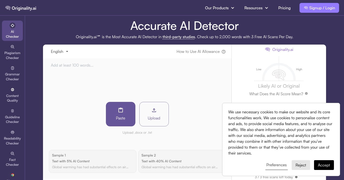 Originality.ai AI detector homepage
