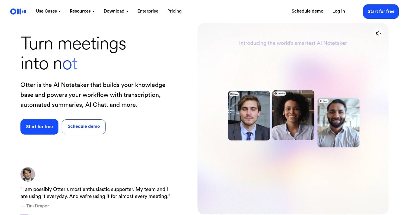 Otter.ai transcription and AI notes homepage