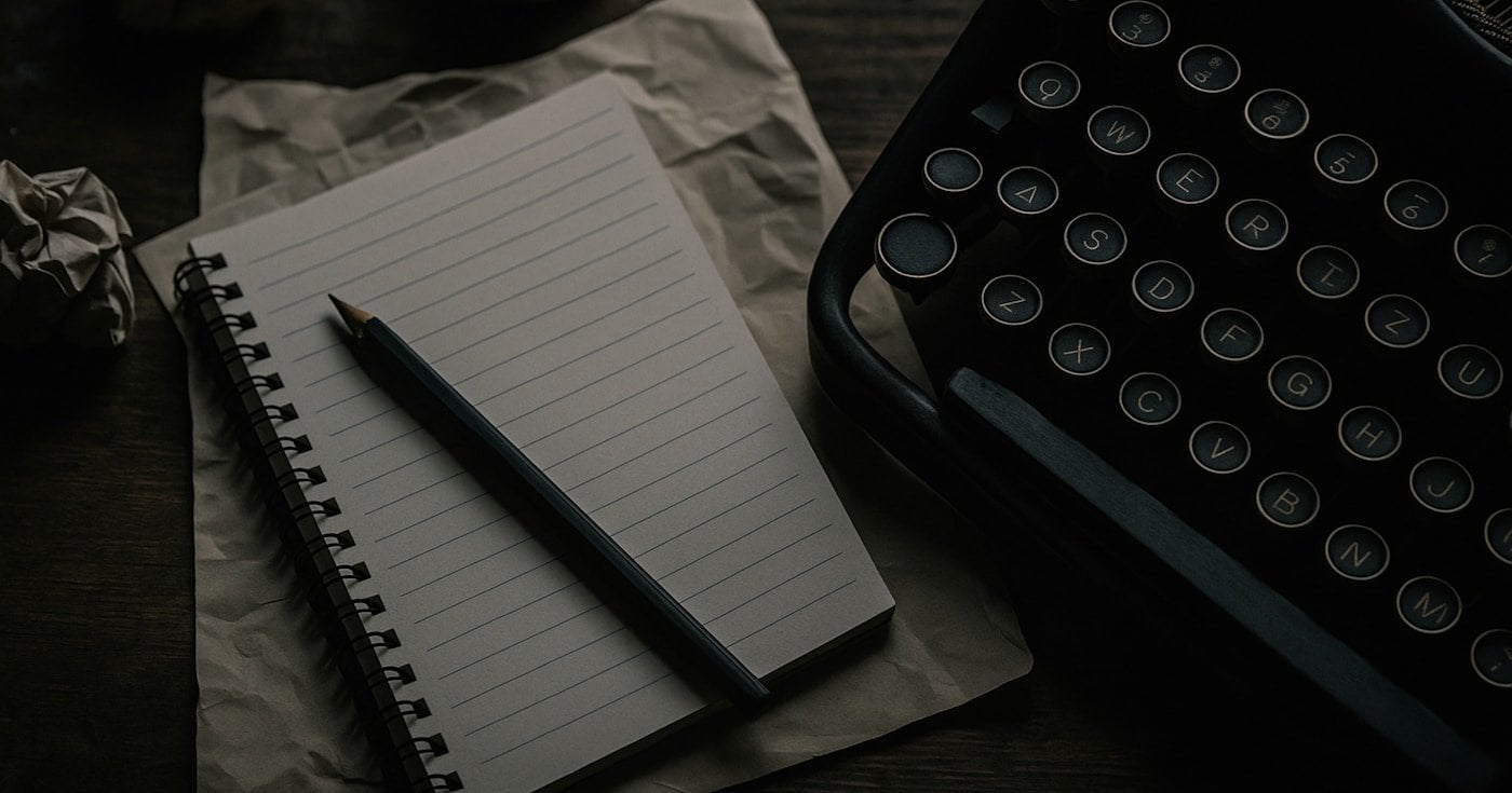 A vintage typewriter and notebook on a writer's desk