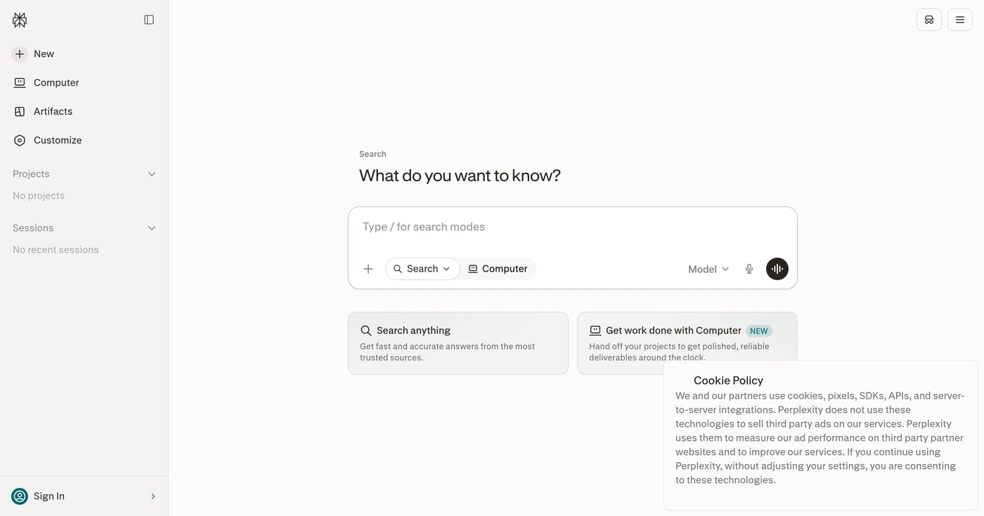 Perplexity AI search interface