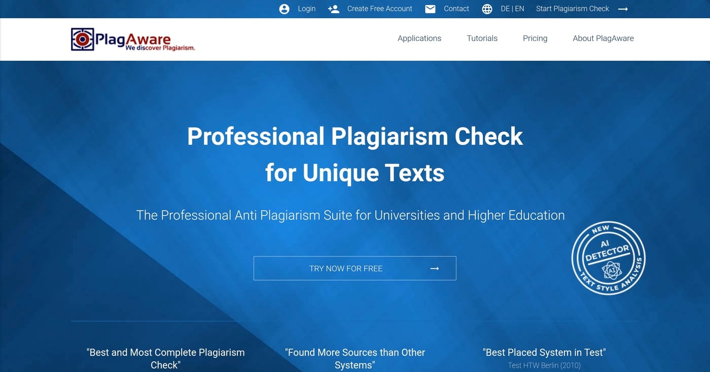 PlagAware plagiarism checker homepage