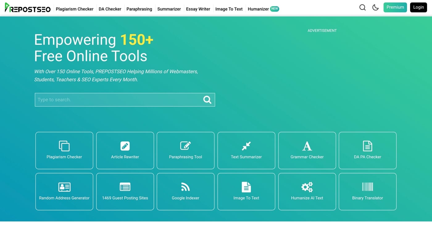 PrePostSEO plagiarism checker homepage
