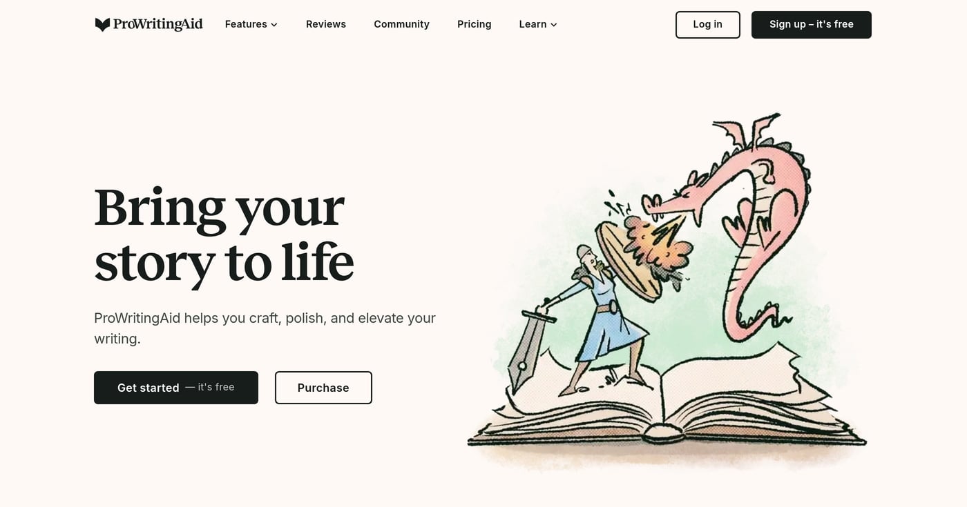 ProWritingAid homepage showing writing analysis and style improvement tools