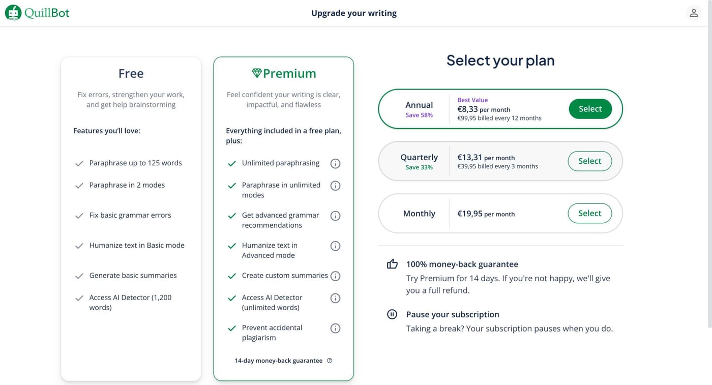 QuillBot upgrade page showing Free vs Premium features and pricing options