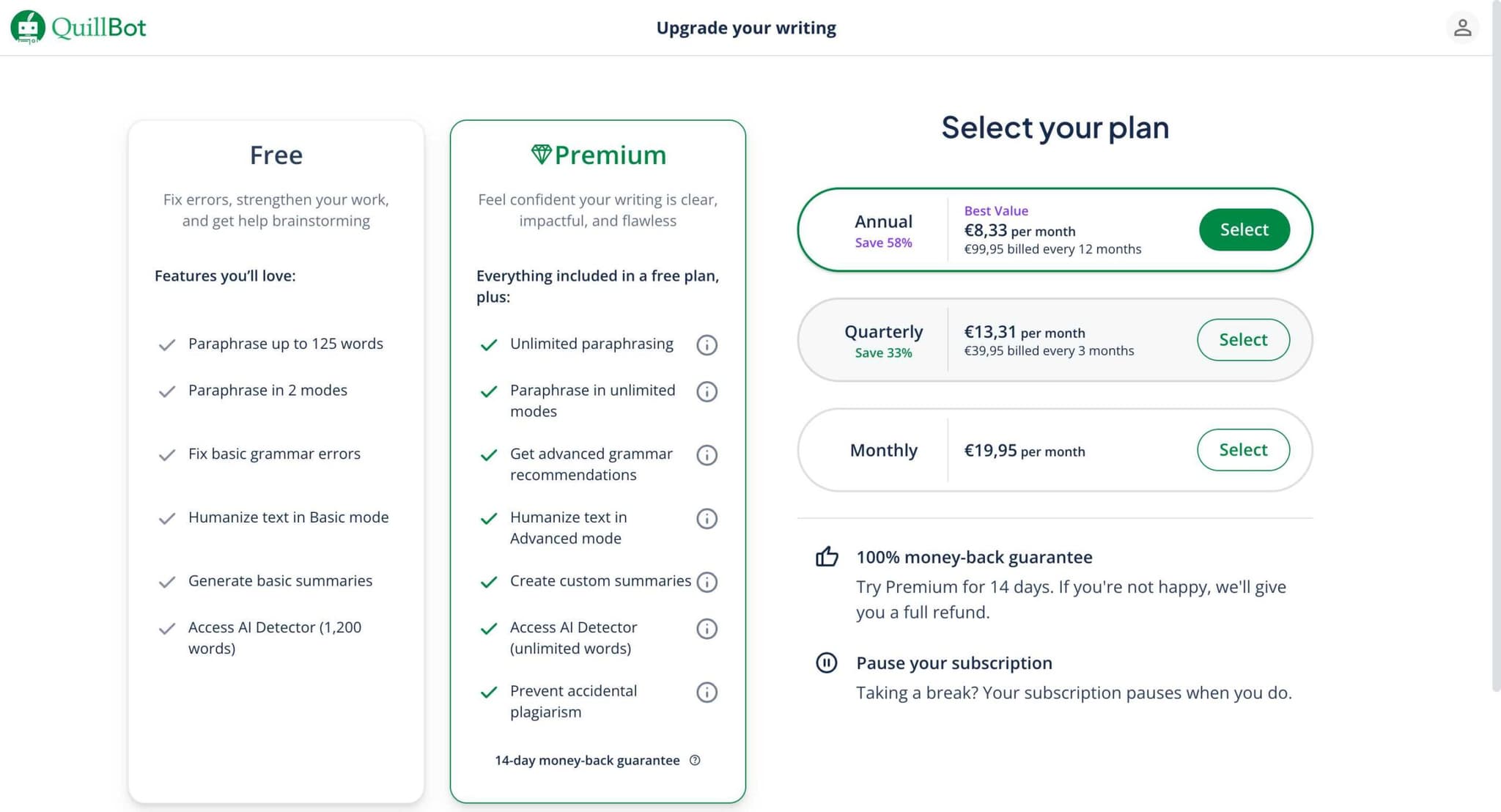 QuillBot upgrade page showing Free vs Premium features and pricing options
