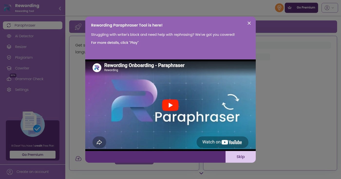 Rewording.io rewriting tool interface