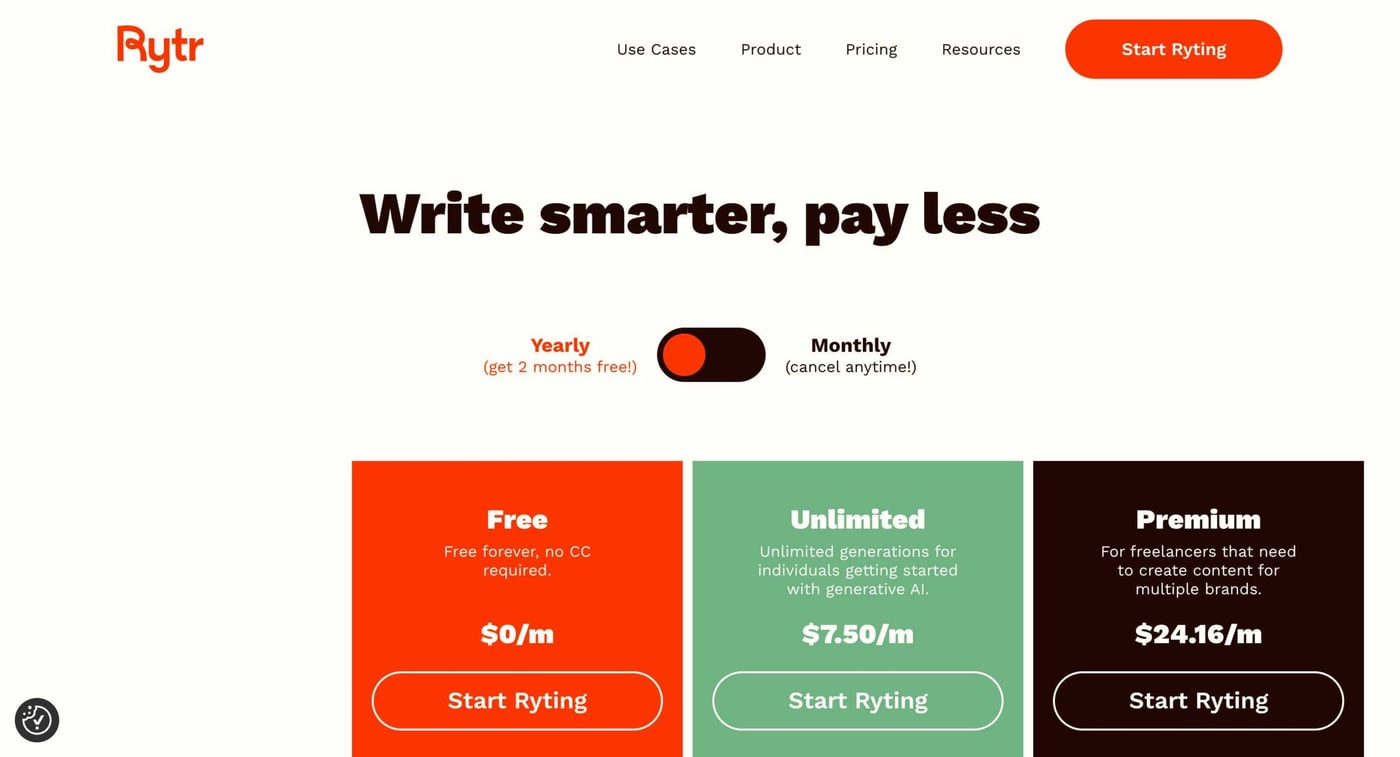 Rytr pricing comparison table showing Free, Unlimited, and Premium plans with detailed features