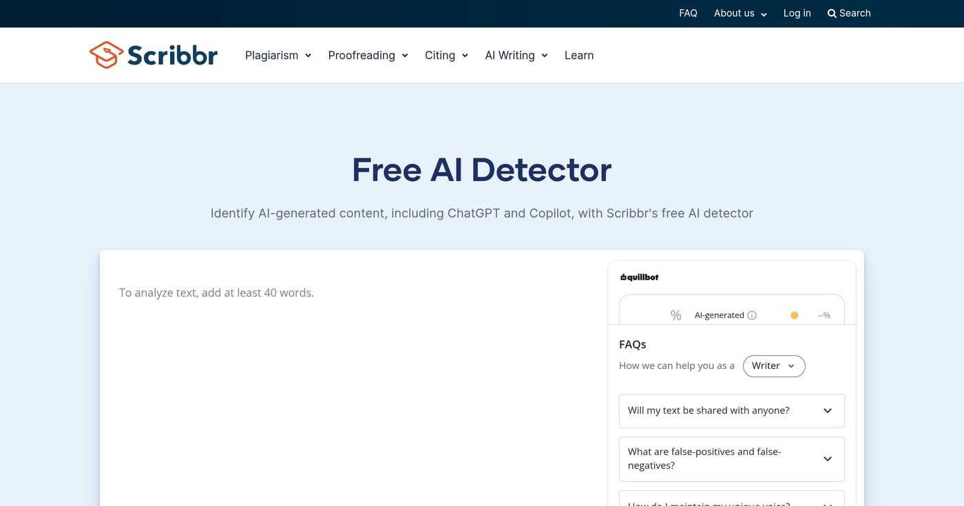 Scribbr free AI detector page