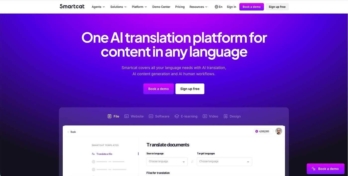 Smartcat homepage ai translation tools
