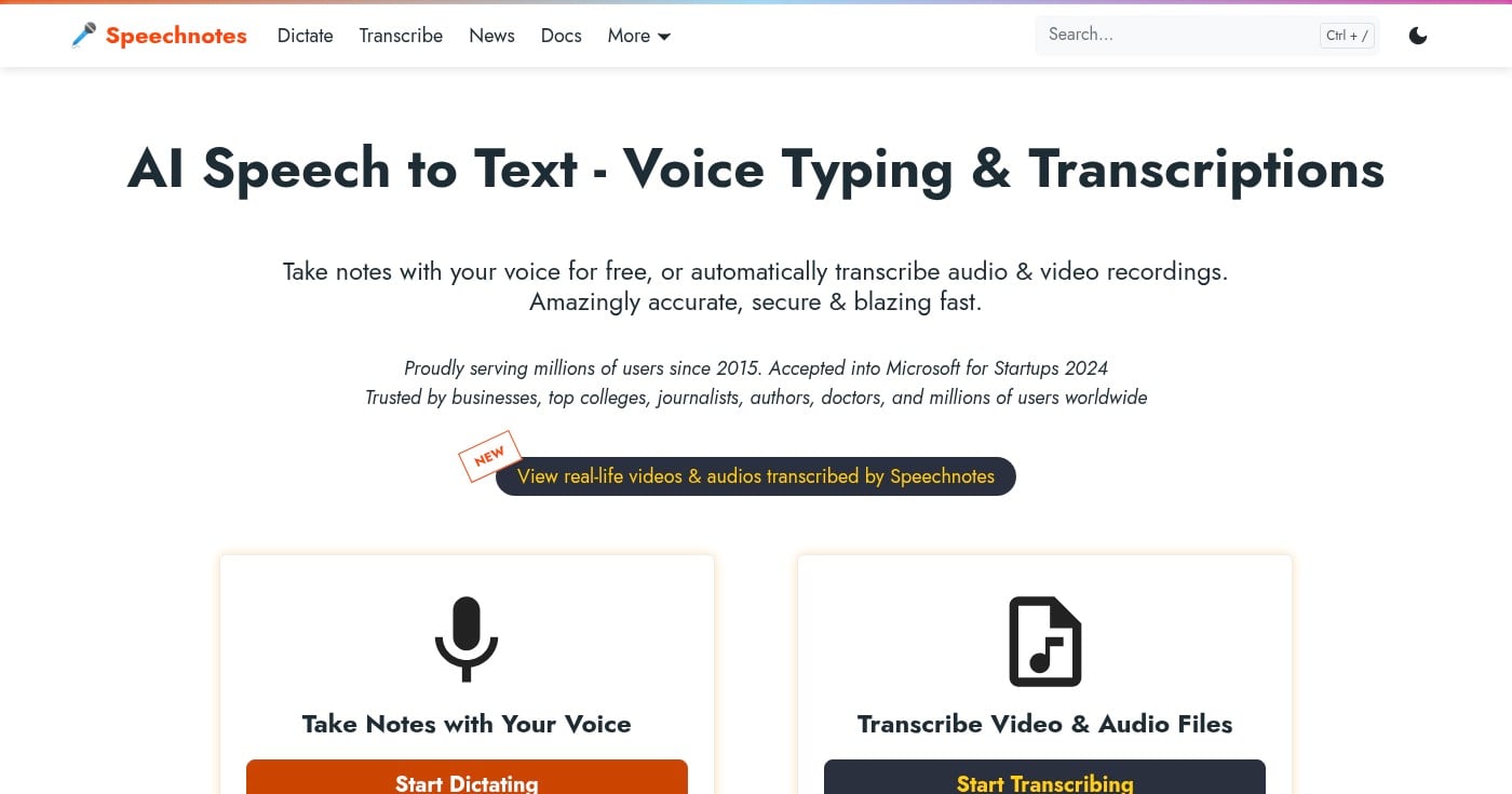 Speechnotes browser-based voice typing homepage