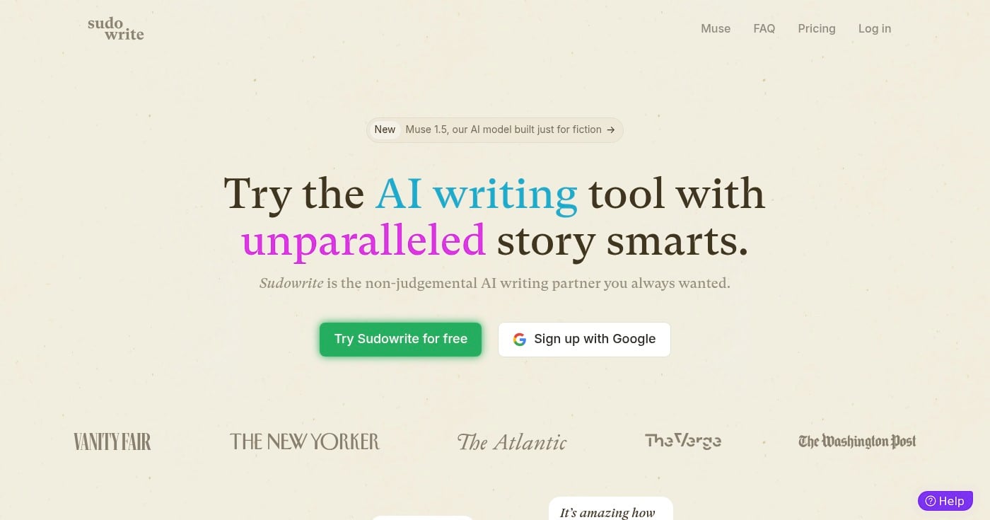 Sudowrite AI text generator homepage