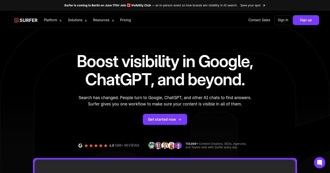 Surfer AI text generator homepage
