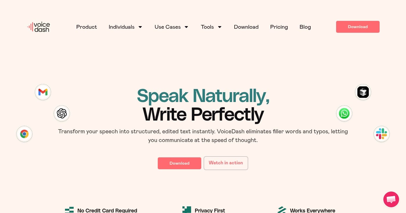 Voice Dash AI dictation software homepage
