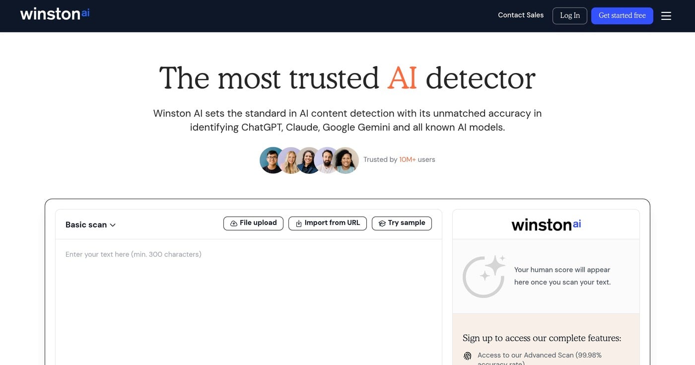Winston AI detector homepage