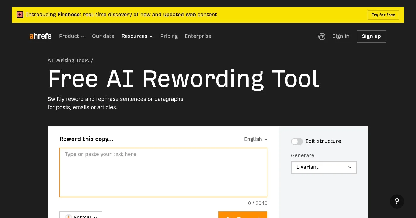 Ahrefs free rewording tool