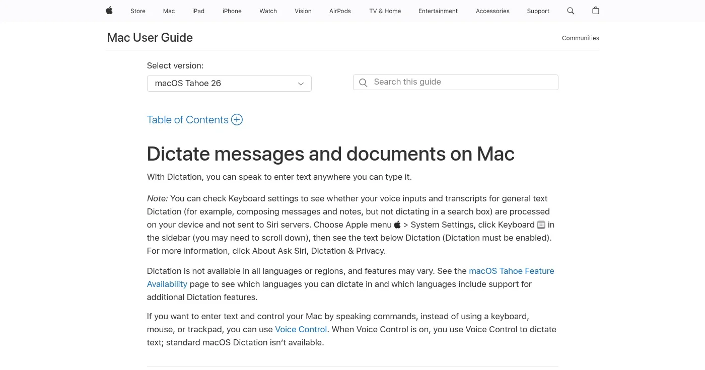 Apple Dictation settings on macOS
