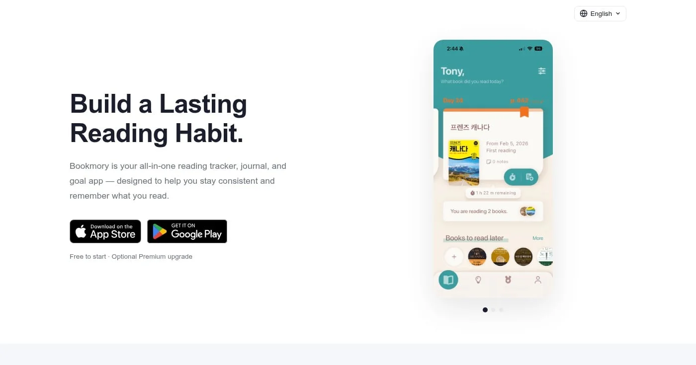 Bookmory reading stats app