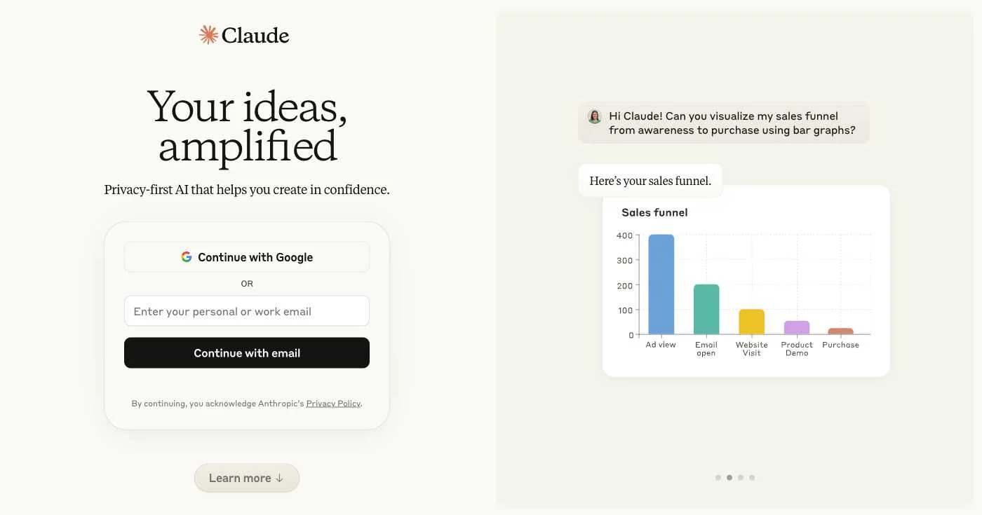 Claude AI homepage showing pricing plans and features including Free, Pro, and Max tiers
