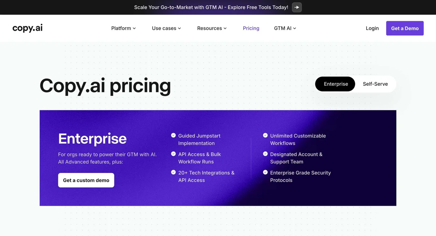 Copy.ai pricing page showing enterprise-focused plans and features