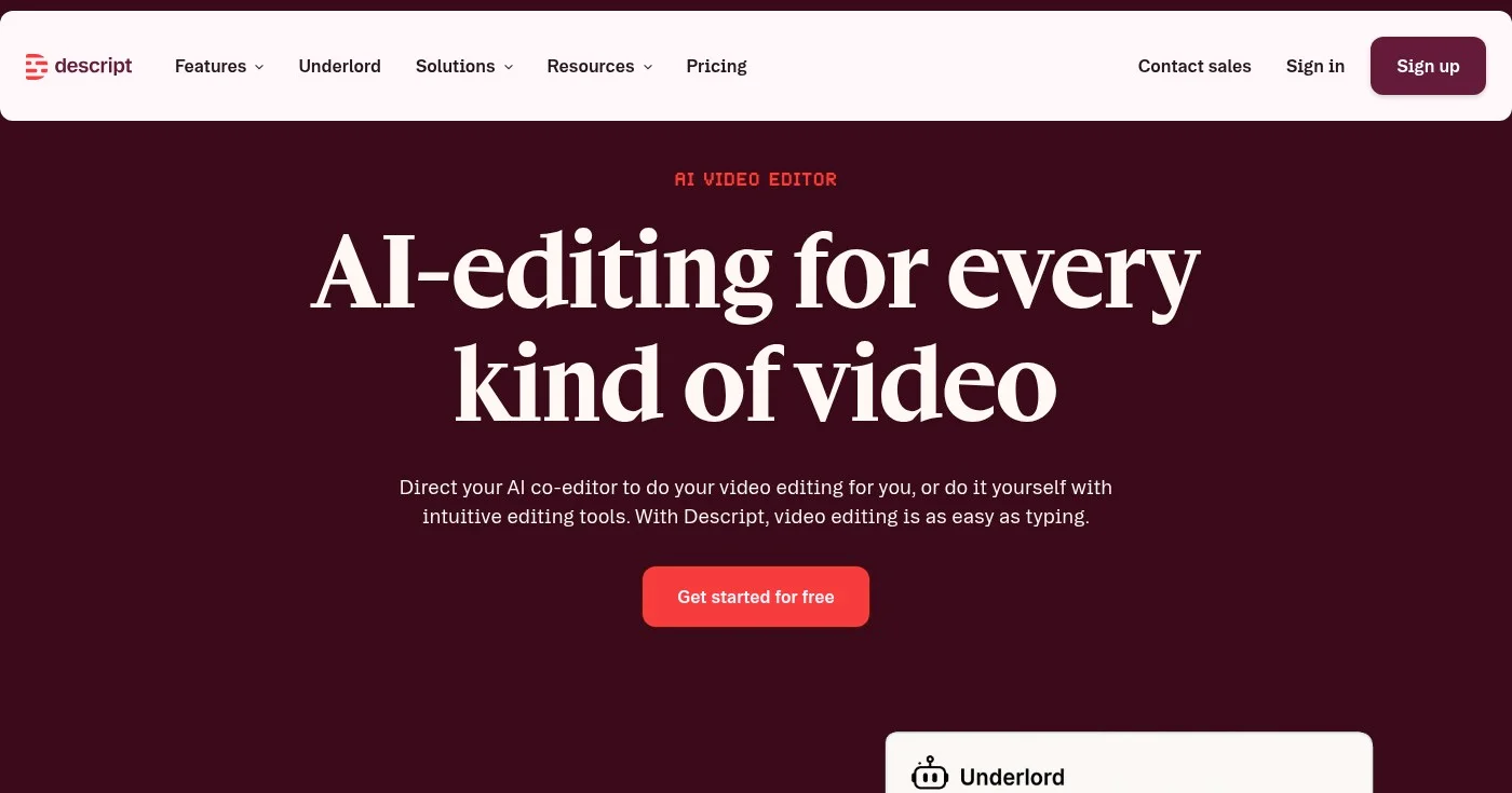Descript AI video and audio editor homepage